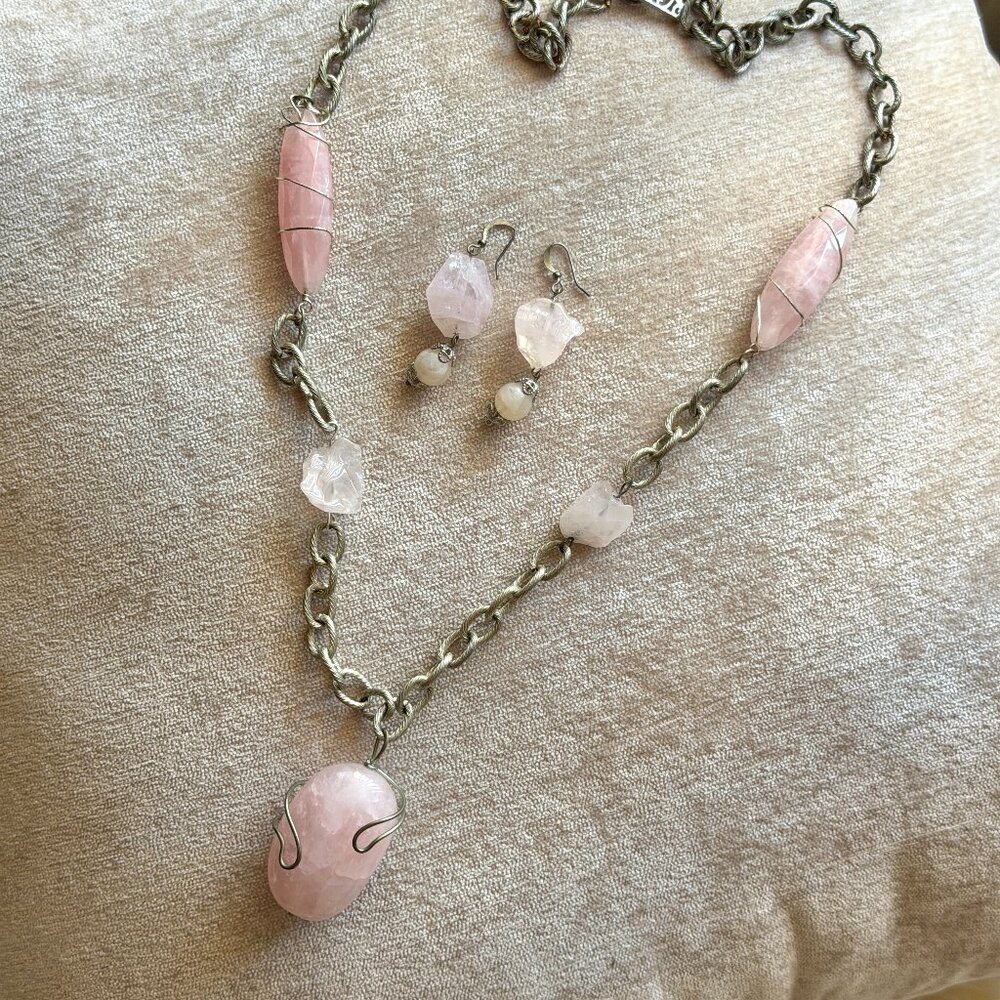Handcrafted rose quartz statement necklace with matching earrings